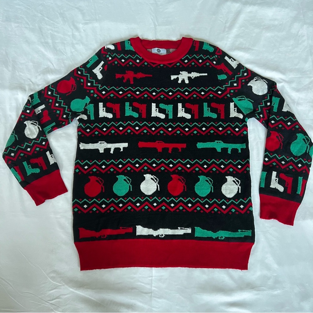 Guns Grenades Ugly Christmas Sweater Large Never Worn Red Green Black Holiday